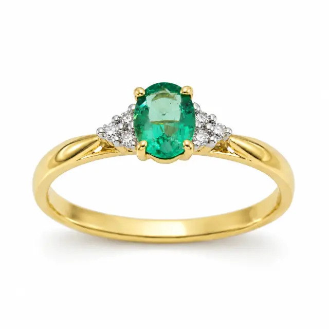 9ct Yellow Gold Natural Colombian Emerald & Diamond Ring – 0.33ct Oval Emerald with 0.05ct TDW Natural Diamonds