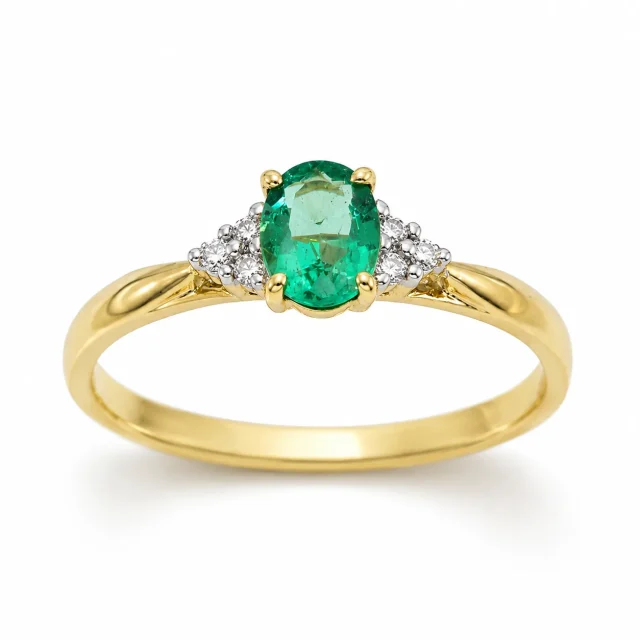 9ct Yellow Gold Natural Colombian Emerald & Diamond Ring – 0.33ct Oval Emerald with 0.05ct TDW Natural Diamonds