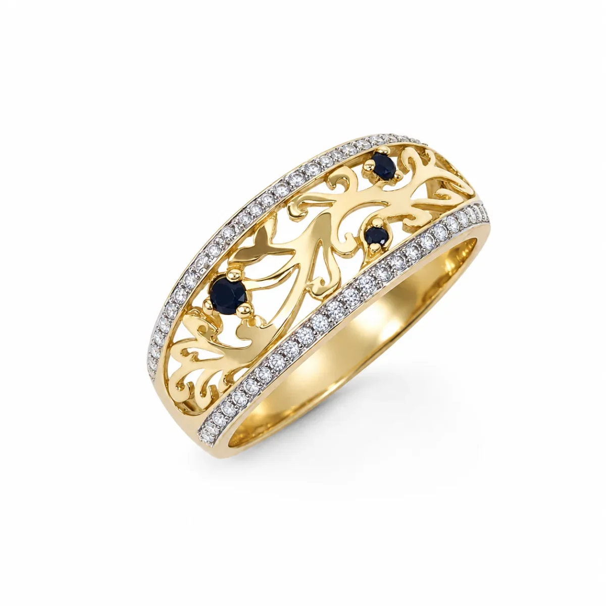 9ct Yellow Gold Natural Diamond & Black Sapphire Openwork Dress Ring - D5343BS