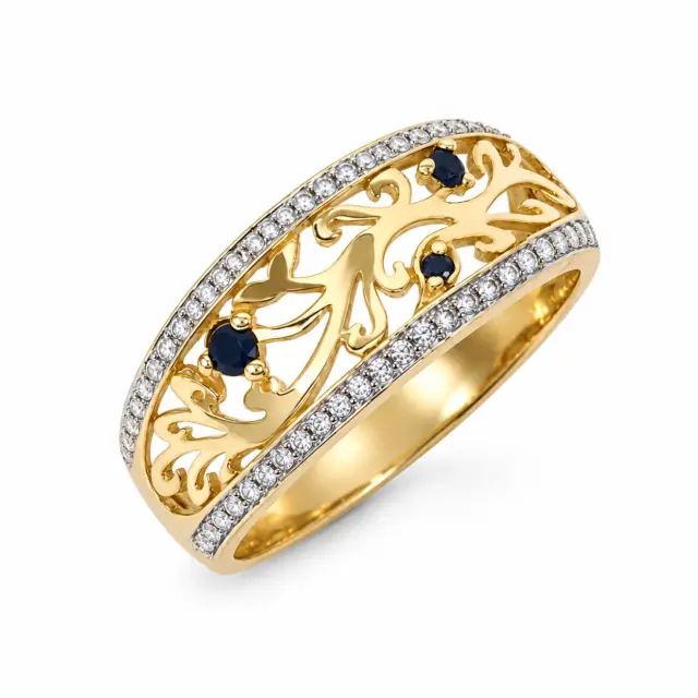 9ct Yellow Gold Natural Diamond & Black Sapphire Openwork Dress Ring - D5343BS