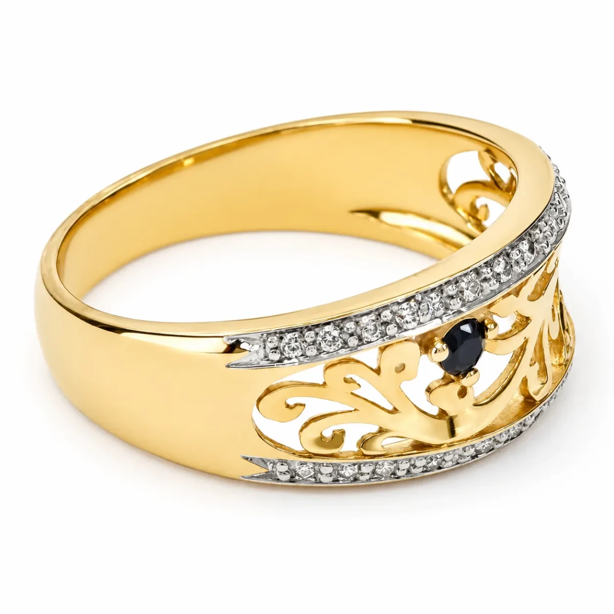 9ct Yellow Gold Natural Diamond & Black Sapphire Openwork Dress Ring - D5343BS
