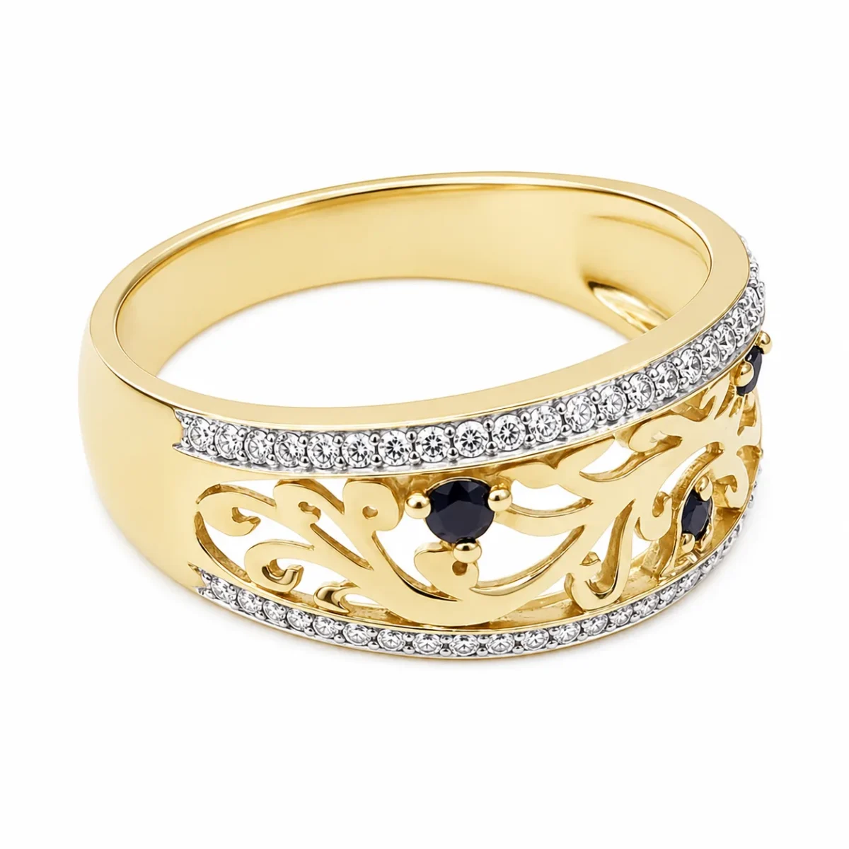 9ct Yellow Gold Natural Diamond & Black Sapphire Openwork Dress Ring - D5343BS