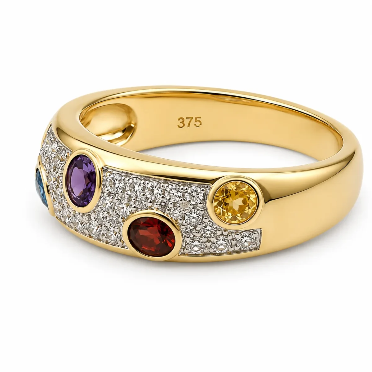 9ct Yellow Gold Natural Diamond & Multi Gemstone Ring – Garnet, Citrine, Amethyst, Blue Topaz & Peridot - 9CTCYR2351