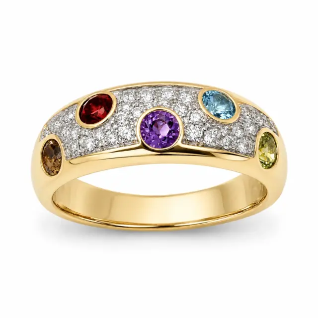 9ct Yellow Gold Natural Diamond & Multi Gemstone Ring – Garnet, Citrine, Amethyst, Blue Topaz & Peridot - 9CTCYR2351