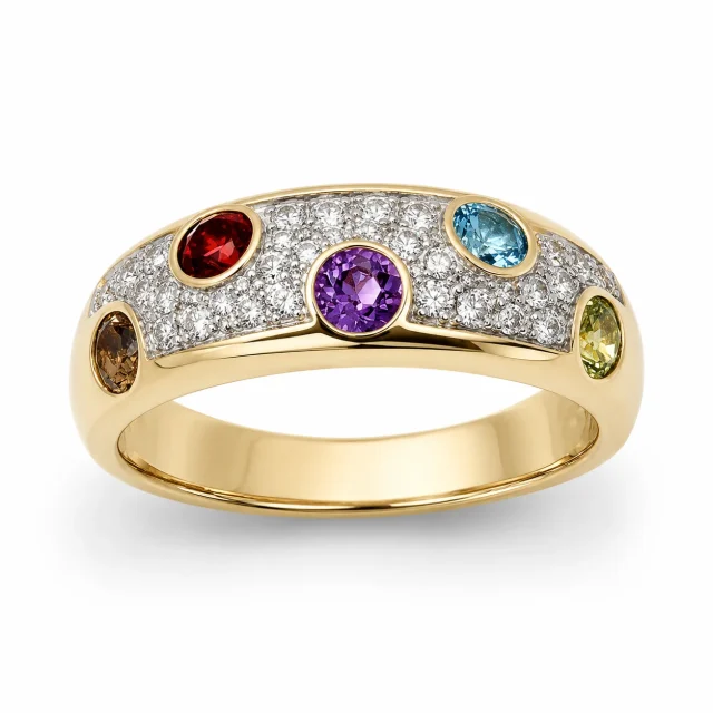 9ct Yellow Gold Natural Diamond & Multi Gemstone Ring – Garnet, Citrine, Amethyst, Blue Topaz & Peridot - 9CTCYR2351