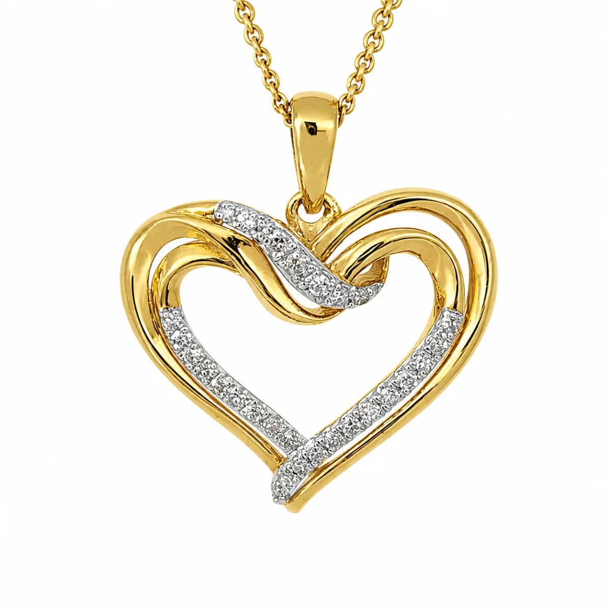 9ct Yellow Gold Natural Diamond Open Heart Pendant 0.15ct TDW – Diamond Set Heart Necklace Pendant - IGP-17592-015