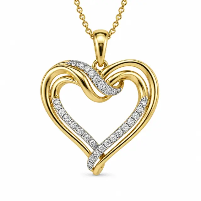 9ct Yellow Gold Natural Diamond Open Heart Pendant 0.15ct TDW – Diamond Set Heart Necklace Pendant - IGP-17592-015
