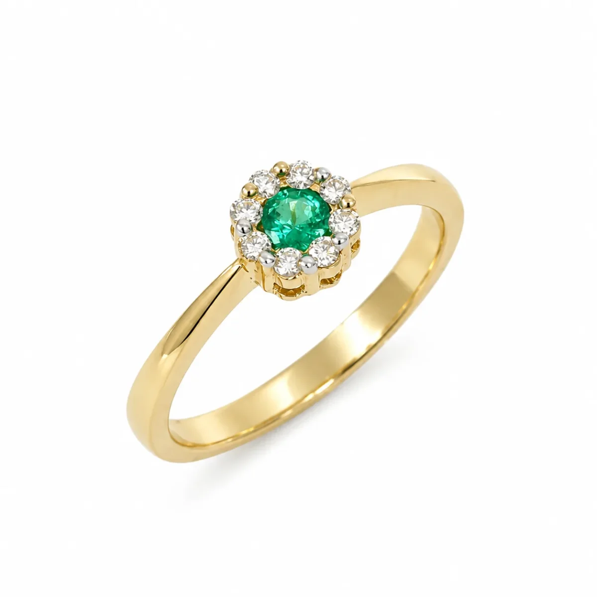 9ct Yellow Gold Natural Emerald & Diamond Cluster Ring – 0.16ct Emerald with 0.12ct Natural Diamond Halo - CYR455EM