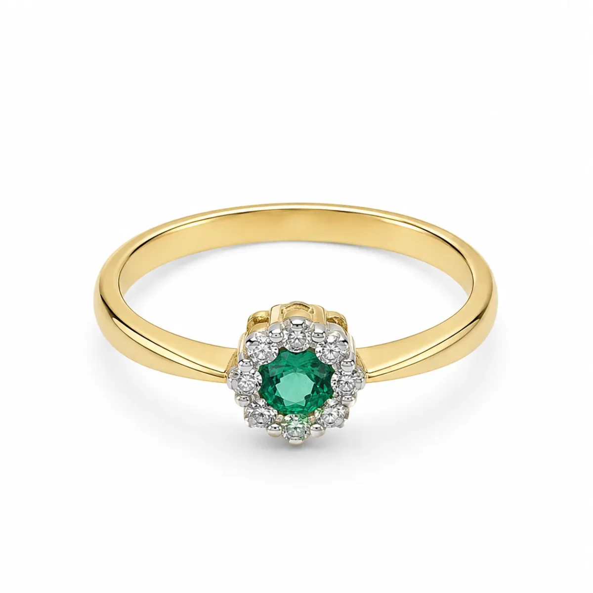 9ct Yellow Gold Natural Emerald & Diamond Cluster Ring – 0.16ct Emerald with 0.12ct Natural Diamond Halo - CYR455EM