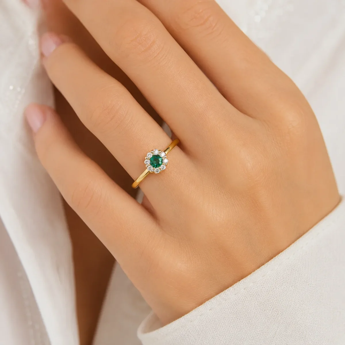 9ct Yellow Gold Natural Emerald & Diamond Cluster Ring – 0.16ct Emerald with 0.12ct Natural Diamond Halo - CYR455EM