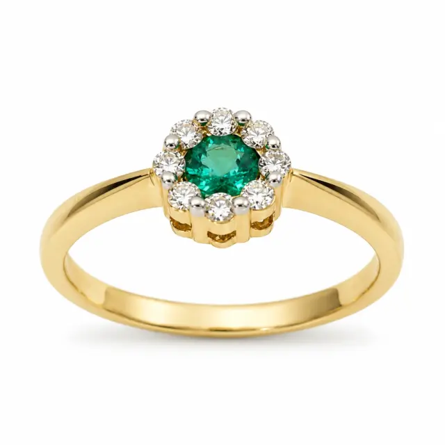 9ct Yellow Gold Natural Emerald & Diamond Cluster Ring – 0.16ct Emerald with 0.12ct Natural Diamond Halo - CYR455EM