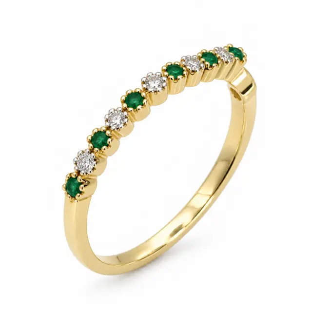 9ct Yellow Gold Natural Emerald & Diamond Half Eternity Ring