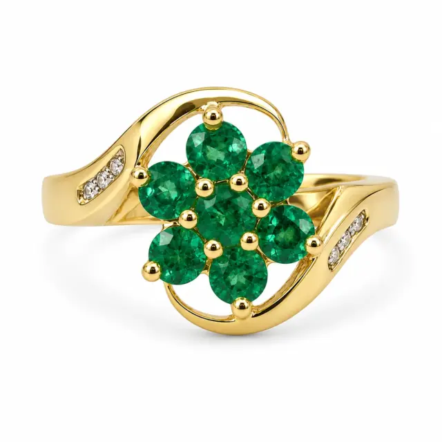 9ct Yellow Gold Natural Emerald Cluster & Diamond Ring – 0.73ct Emeralds with 0.04ct Natural Diamonds