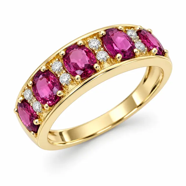 9ct Yellow Gold Natural Ruby & Diamond Band Ring – 2.08ct Oval Cut Rubies with Diamond Accents - 9CTCYR8199RUBY