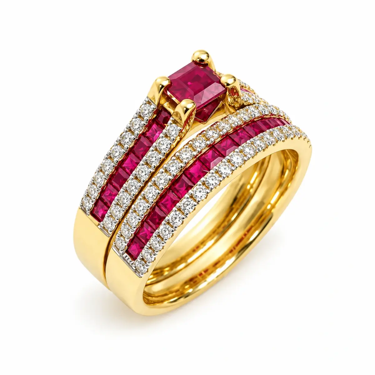 9ct Yellow Gold Natural Ruby & Diamond Bridal Ring Set – 1.38ct Rubies & 0.59ct Diamonds | 2 Piece Wedding, Engagement & Anniversary Set