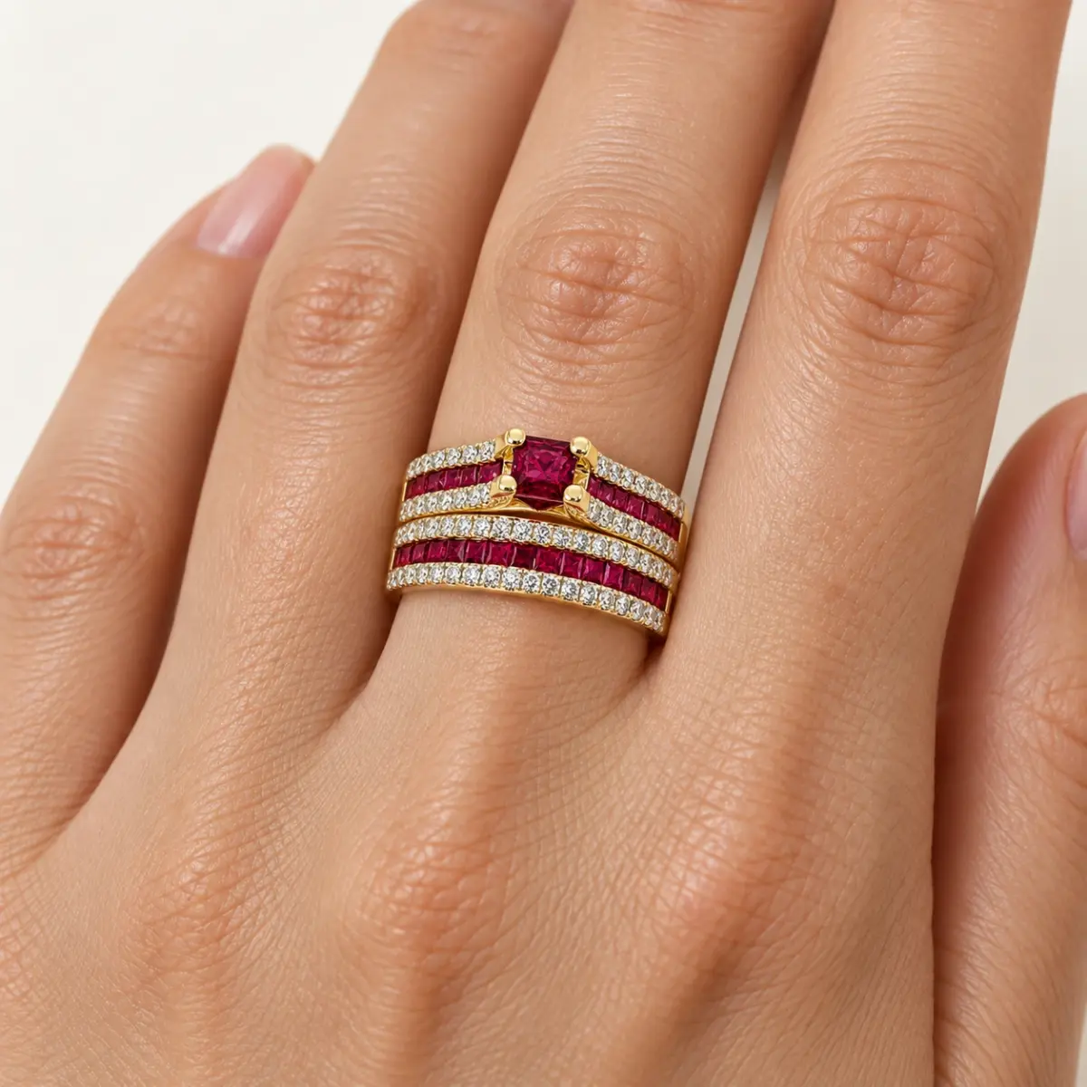 9ct Yellow Gold Natural Ruby & Diamond Bridal Ring Set – 1.38ct Rubies & 0.59ct Diamonds | 2 Piece Wedding, Engagement & Anniversary Set