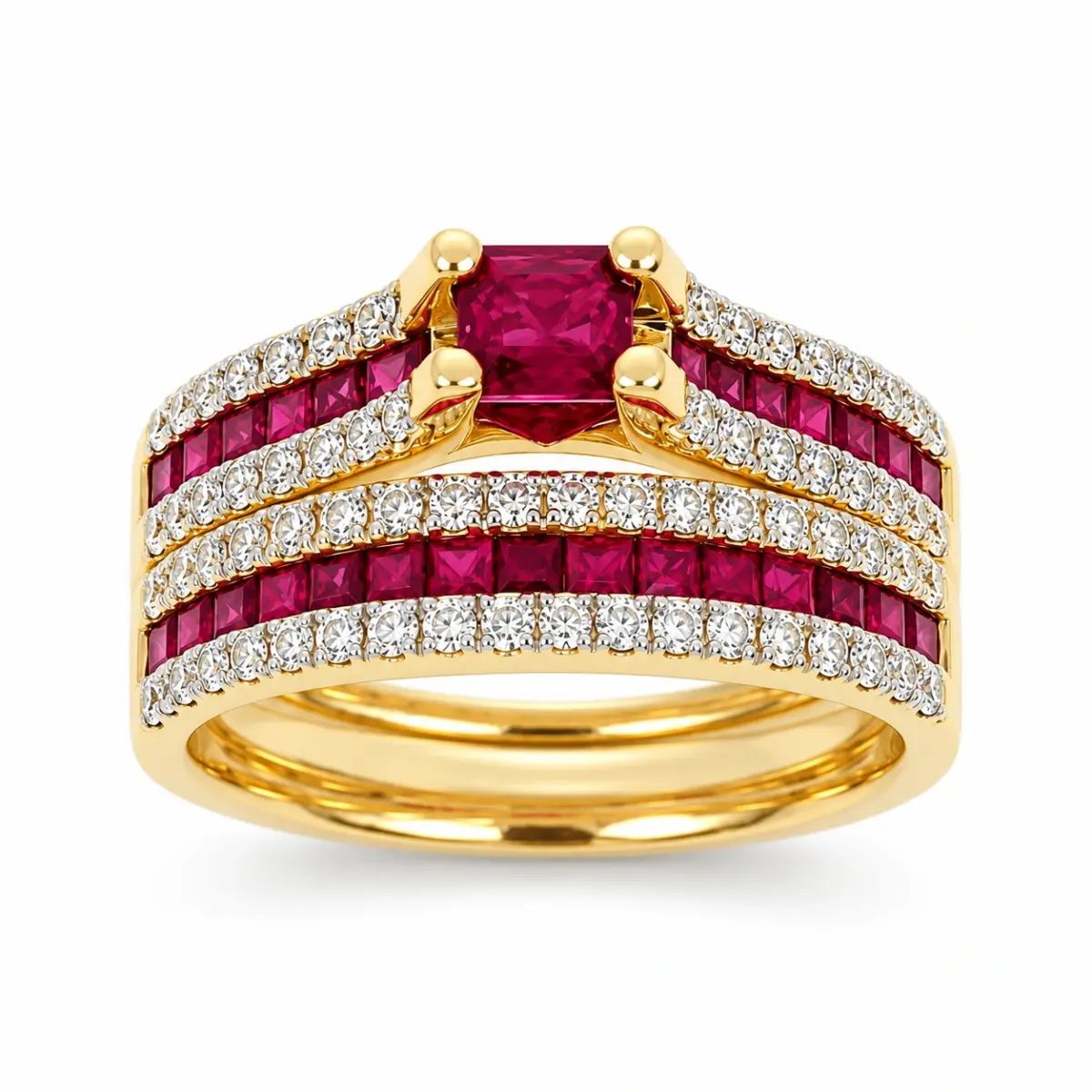 9ct Yellow Gold Natural Ruby & Diamond Bridal Ring Set – 1.38ct Rubies & 0.59ct Diamonds | 2 Piece Wedding, Engagement & Anniversary Set