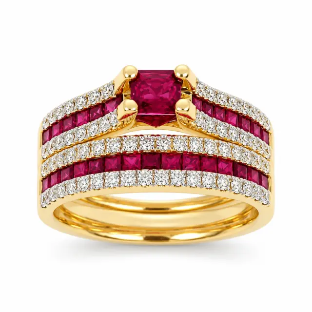 9ct Yellow Gold Natural Ruby & Diamond Bridal Ring Set – 1.38ct Rubies & 0.59ct Diamonds | 2 Piece Wedding, Engagement & Anniversary Set