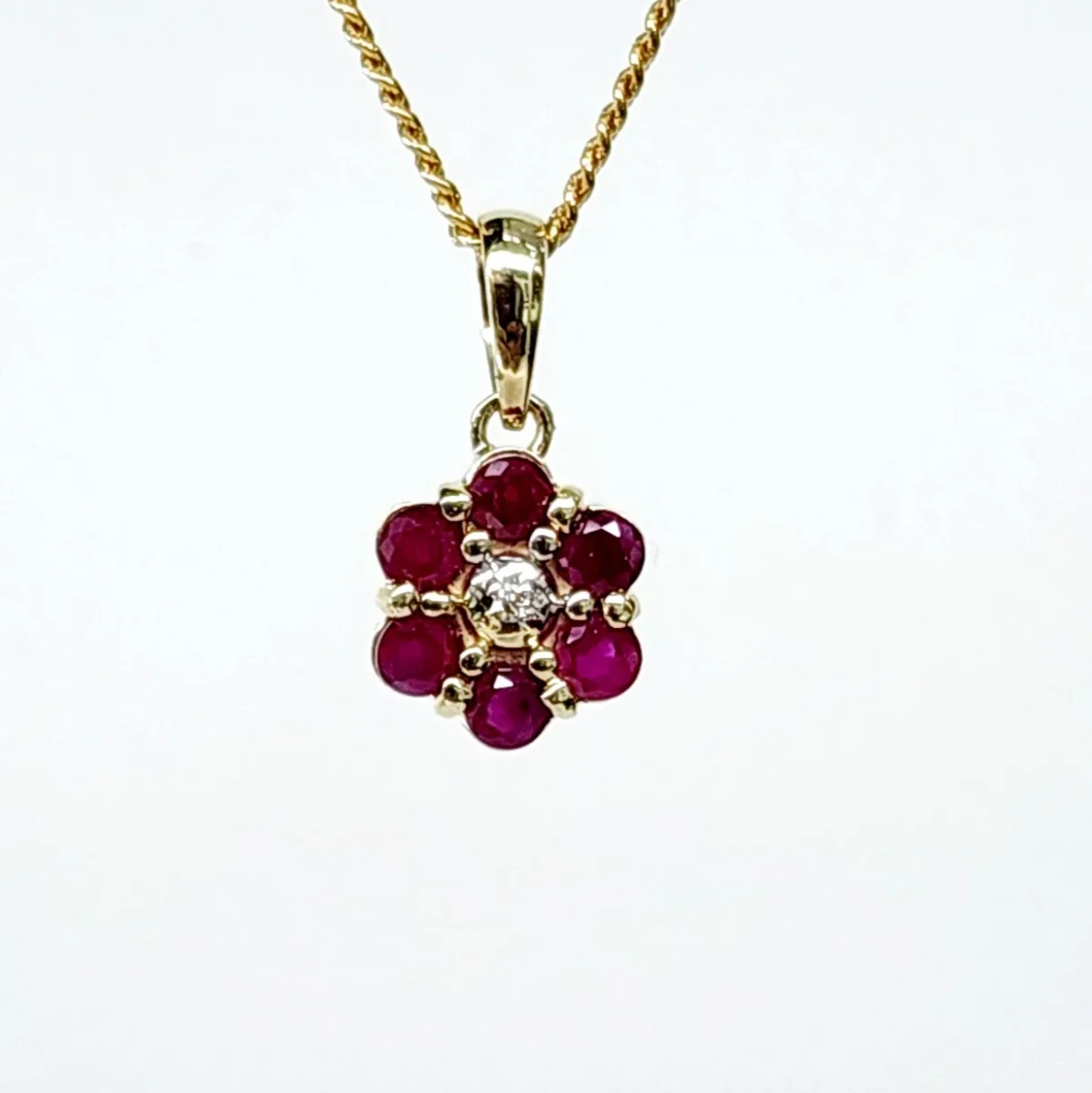 9ct Yellow Gold Natural Ruby and Diamond Cluster Pendant