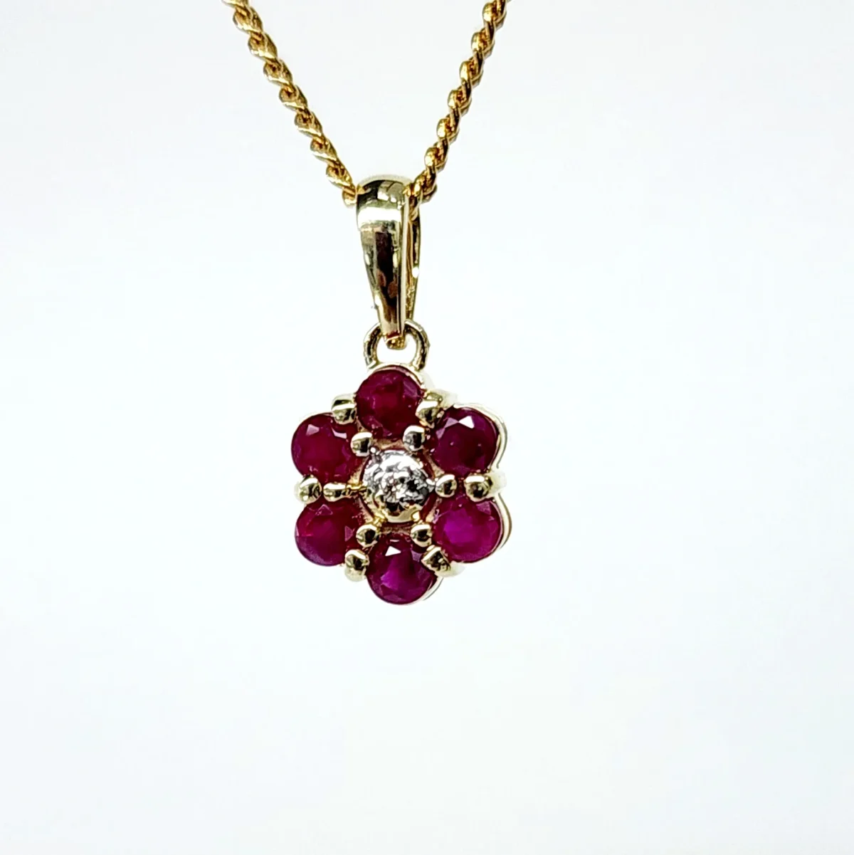 9ct Yellow Gold Natural Ruby and Diamond Cluster Pendant