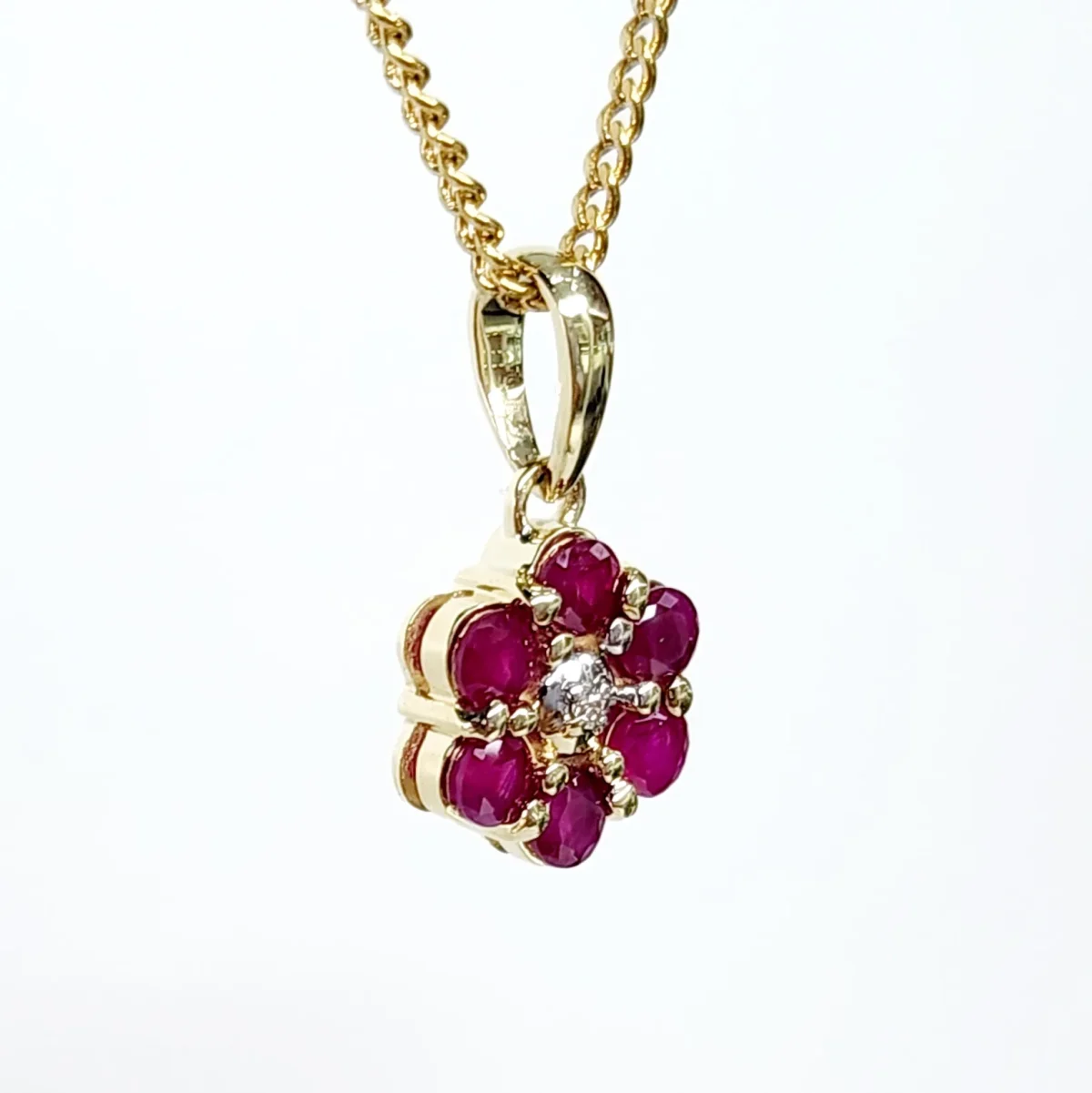9ct Yellow Gold Natural Ruby and Diamond Cluster Pendant