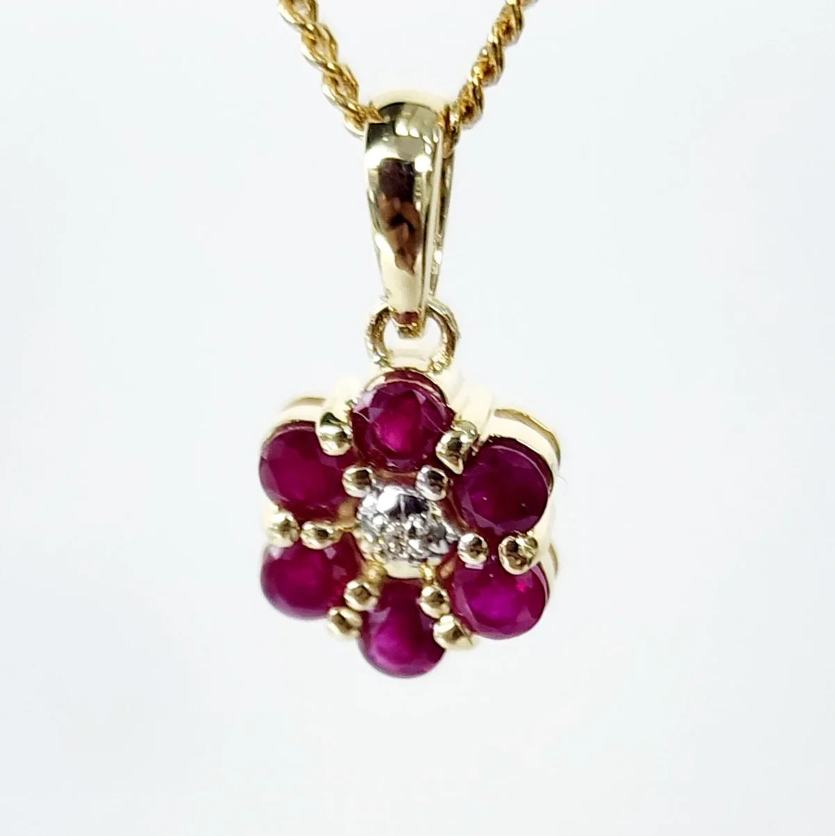 9ct Yellow Gold Natural Ruby and Diamond Cluster Pendant