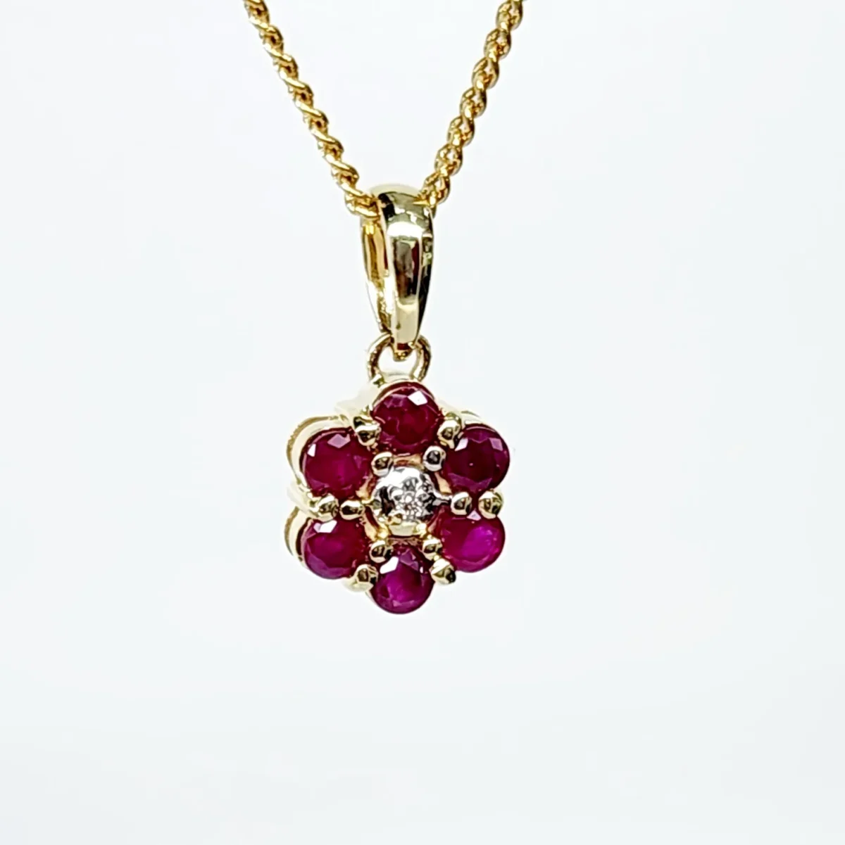 9ct Yellow Gold Natural Ruby and Diamond Cluster Pendant