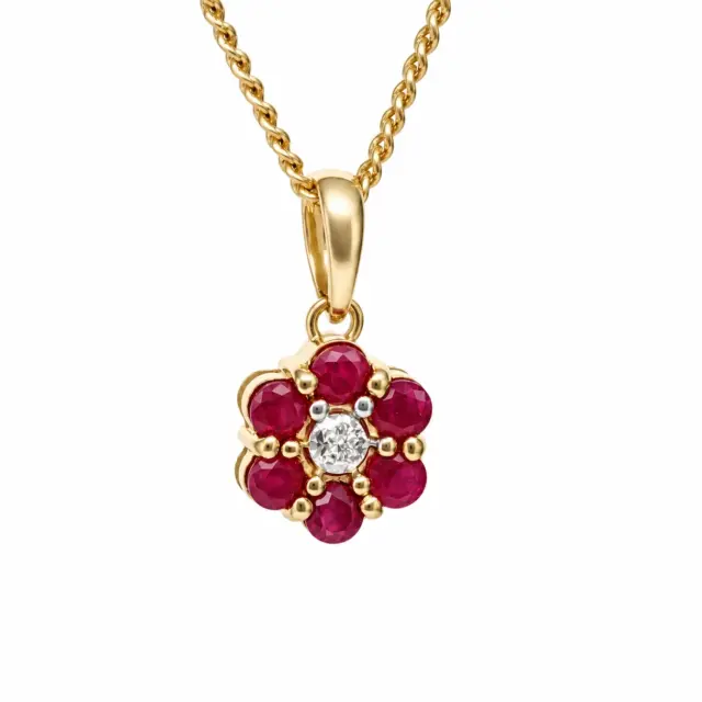 9ct Yellow Gold Natural Ruby and Diamond Cluster Pendant