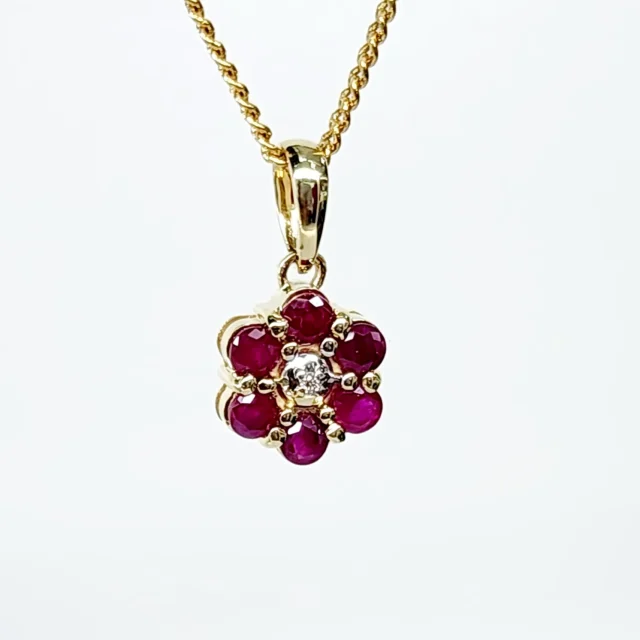 9ct Yellow Gold Natural Ruby and Diamond Cluster Pendant