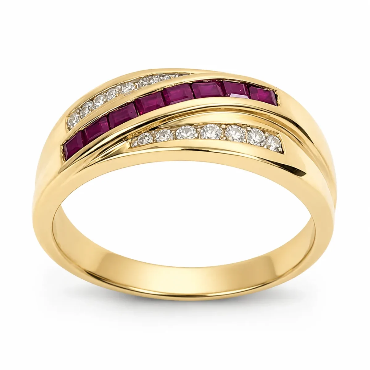 9ct Yellow Gold Natural Ruby & Diamond Dress Ring – 0.60ct Princess Cut Ruby & 0.26ct Natural Diamond Wave Design