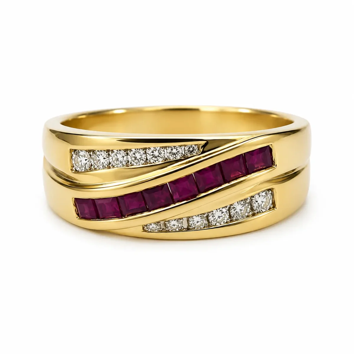 9ct Yellow Gold Natural Ruby & Diamond Dress Ring – 0.60ct Princess Cut Ruby & 0.26ct Natural Diamond Wave Design