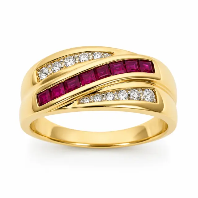9ct Yellow Gold Natural Ruby & Diamond Dress Ring – 0.60ct Princess Cut Ruby & 0.26ct Natural Diamond Wave Design