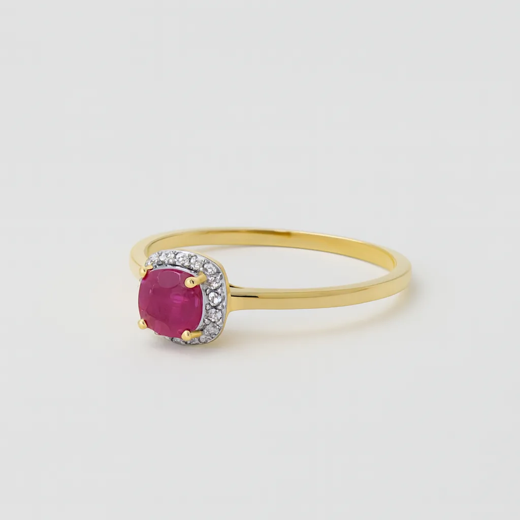 9ct Yellow Gold Natural Ruby & Diamond Halo Ring - 9KSR022RU