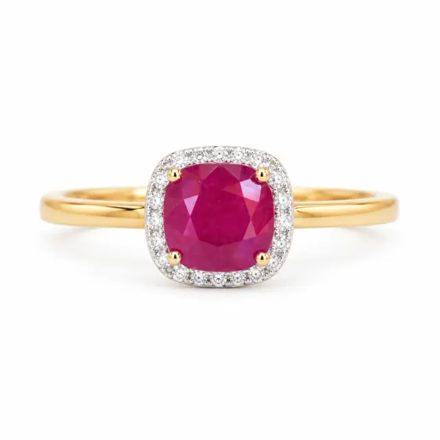 9ct Yellow Gold Natural Ruby & Diamond Halo Ring - 9KSR022RU