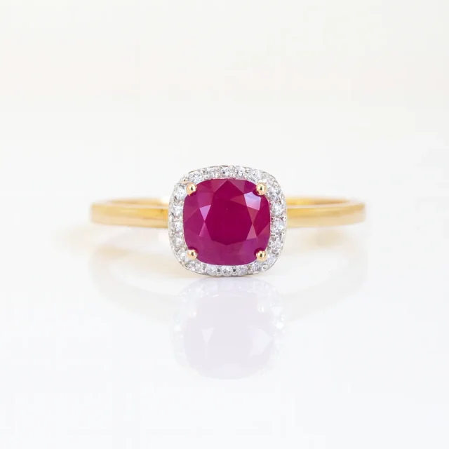 9ct Yellow Gold Natural Ruby & Diamond Halo Ring - 9KSR022RU