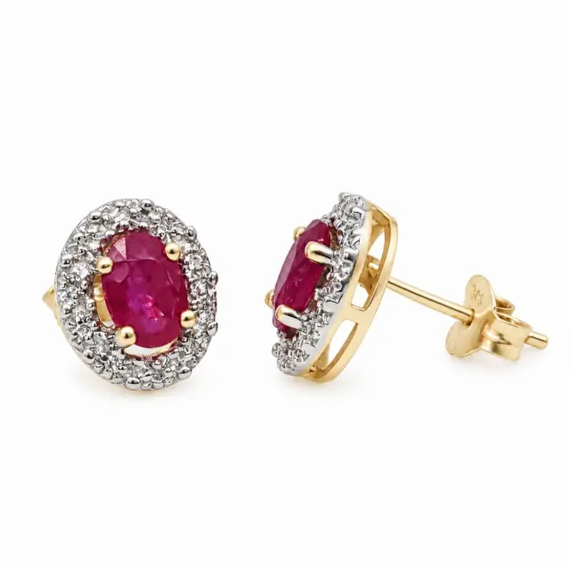 9ct Yellow Gold Natural Ruby & Diamond Halo Stud Earrings 8x10mm - 5ER0453