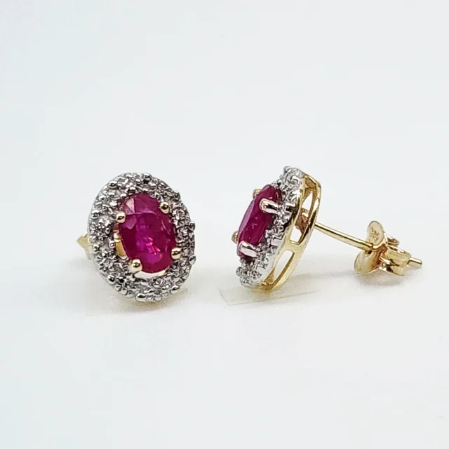 9ct Yellow Gold Natural Ruby & Diamond Halo Stud Earrings 8x10mm - 5ER0453