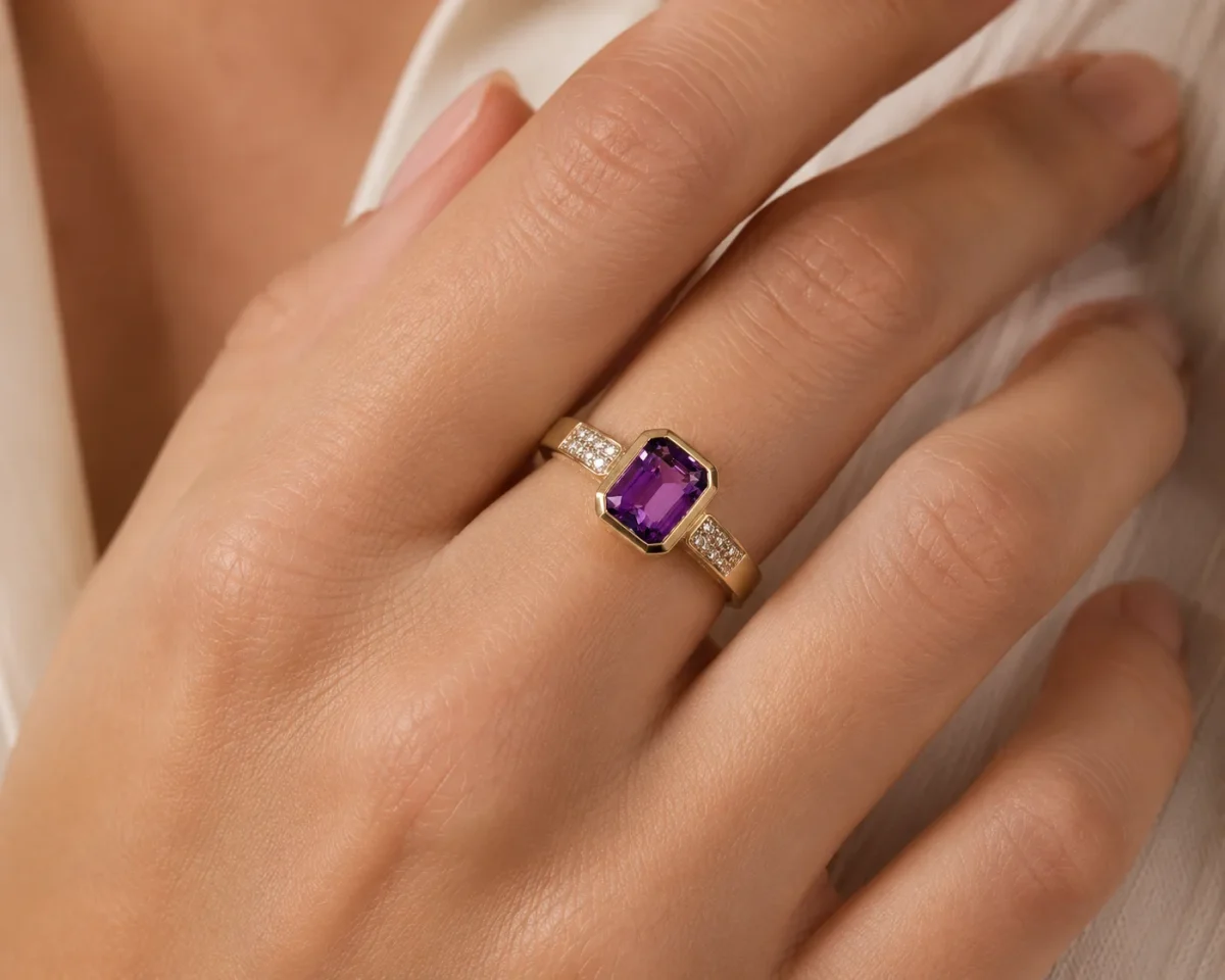9ct Yellow Gold Octagon Cut Amethyst & Natural Diamond Dress Ring - 573986