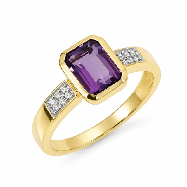 9ct Yellow Gold Octagon Cut Amethyst & Natural Diamond Dress Ring - 573986