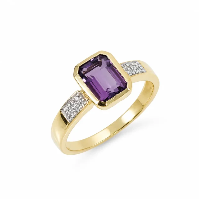 9ct Yellow Gold Octagon Cut Amethyst & Natural Diamond Dress Ring - 573986
