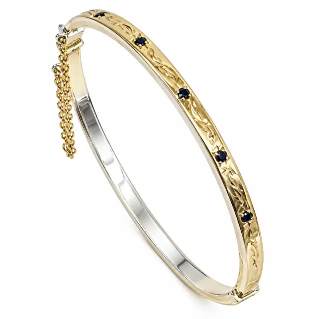 9ct Yellow Gold on Sterling Silver Hand Engraved Blue Sapphire Bangle - GS1EN5SAP