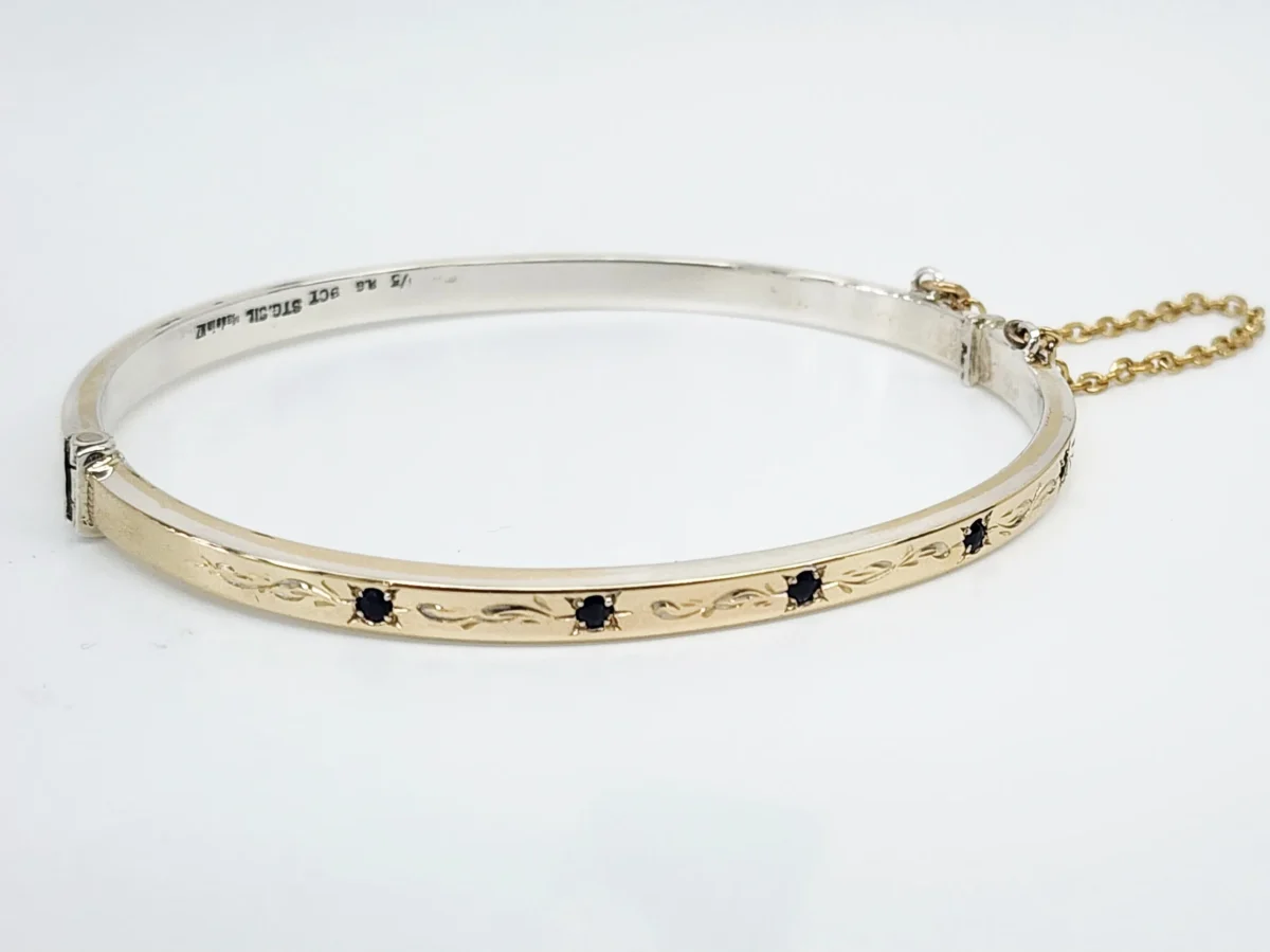 9ct Yellow Gold on Sterling Silver Hand Engraved Blue Sapphire Bangle - GS1EN5SAP