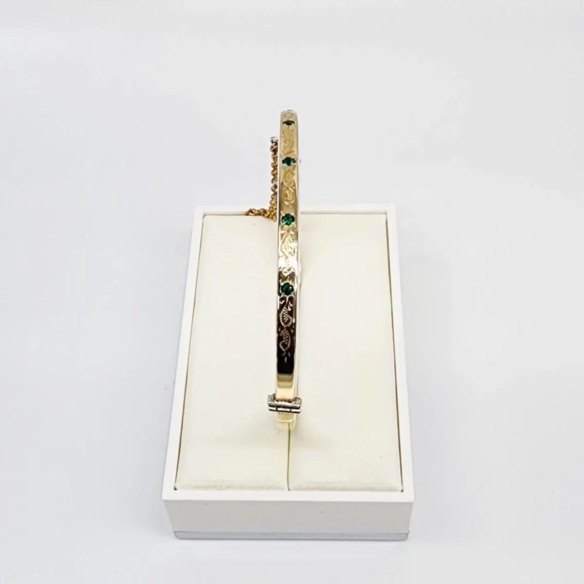 9ct Yellow Gold on Sterling Silver Hand Engraved Emerald Bangle - GS1EN5EM