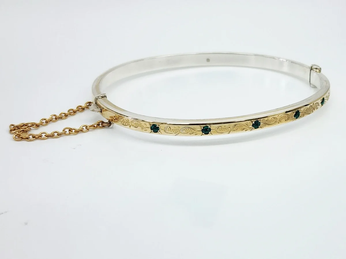 9ct Yellow Gold on Sterling Silver Hand Engraved Emerald Bangle - GS1EN5EM