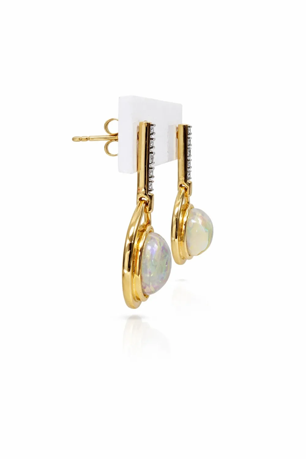9ct Yellow Gold Opal & Diamond Drop Earrings – 7mm Round Opal, 20mm Drop - IE1502