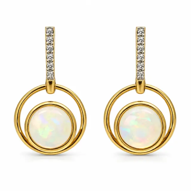 9ct Yellow Gold Opal & Diamond Drop Earrings – 7mm Round Opal, 20mm Drop - IE1502