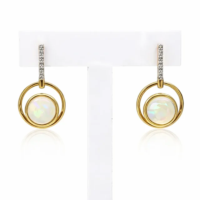 9ct Yellow Gold Opal & Diamond Drop Earrings – 7mm Round Opal, 20mm Drop - IE1502