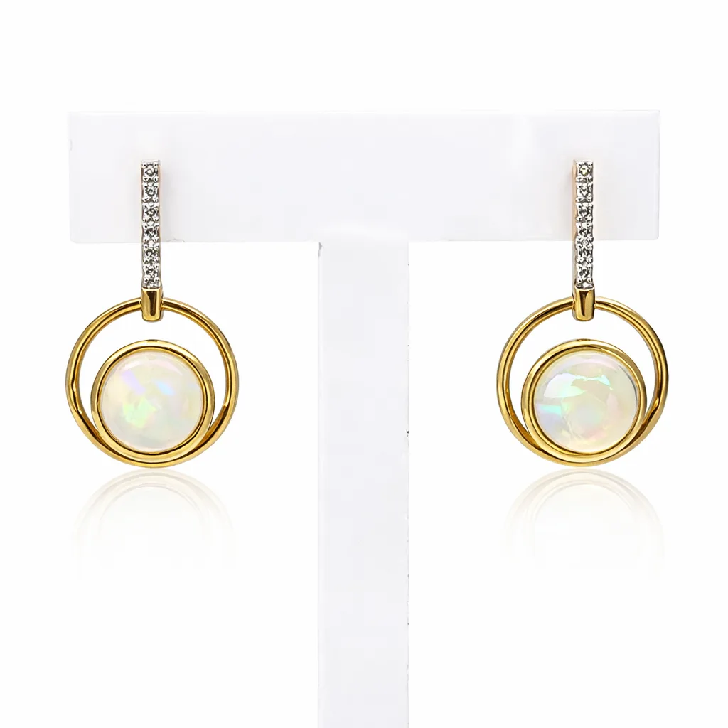 9ct Yellow Gold Opal & Diamond Drop Earrings – 7mm Round Opal, 20mm Drop - IE1502