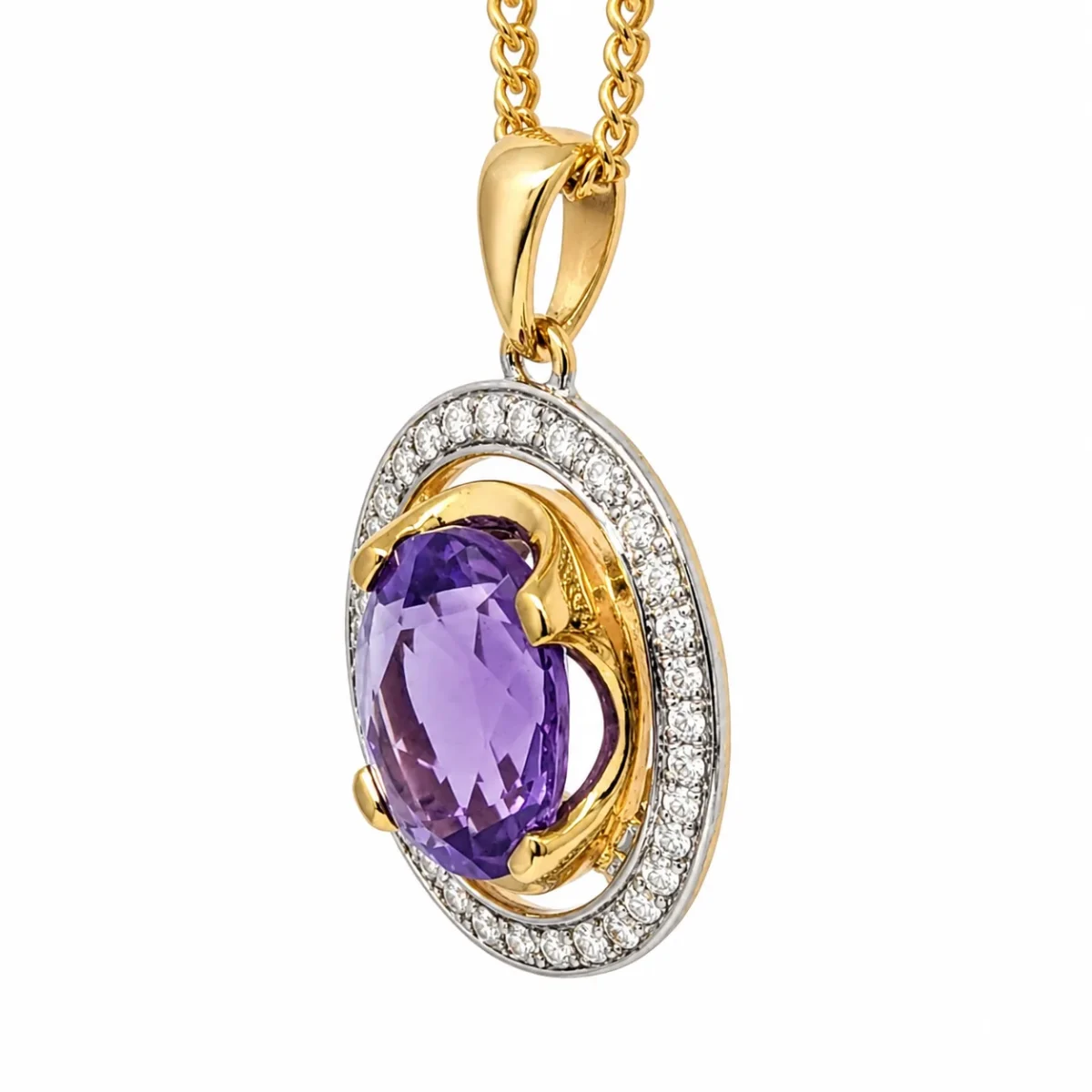 9ct Yellow Gold Oval Amethyst & Natural Diamond Halo Pendant - CYP2853
