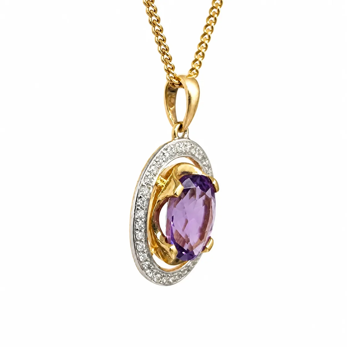 9ct Yellow Gold Oval Amethyst & Natural Diamond Halo Pendant - CYP2853